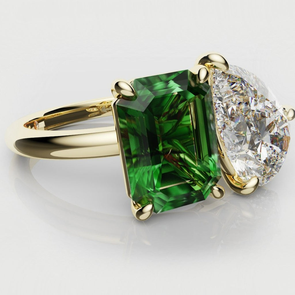 Emerald and Pear Diamond Two Stone Engagement Ring