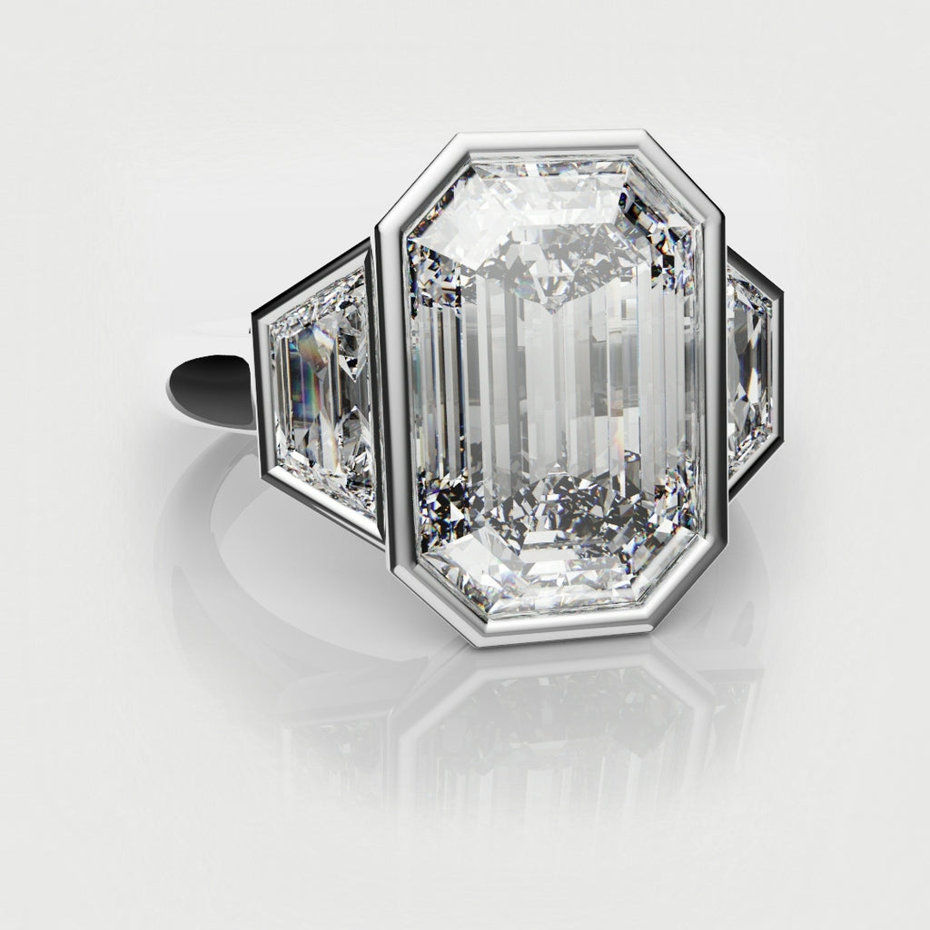 Emerald Cut and Trapezoid Diamond Trilogy Engagement Ring