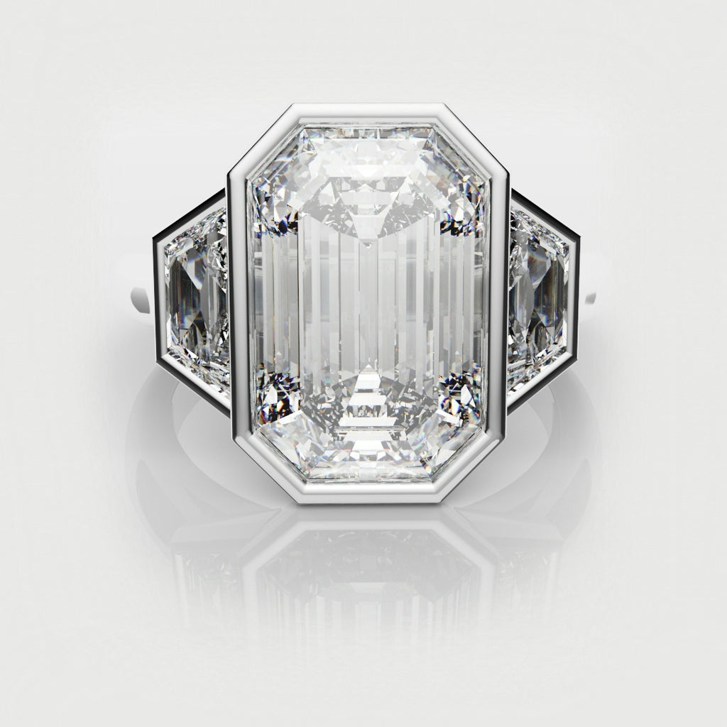 Emerald Cut and Trapezoid Diamond Trilogy Engagement Ring