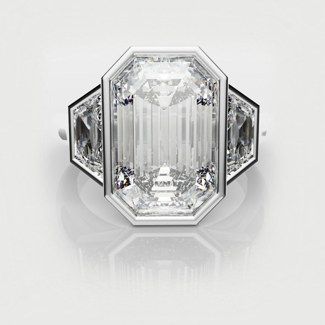 Emerald Cut and Trapezoid Diamond Trilogy Engagement Ring