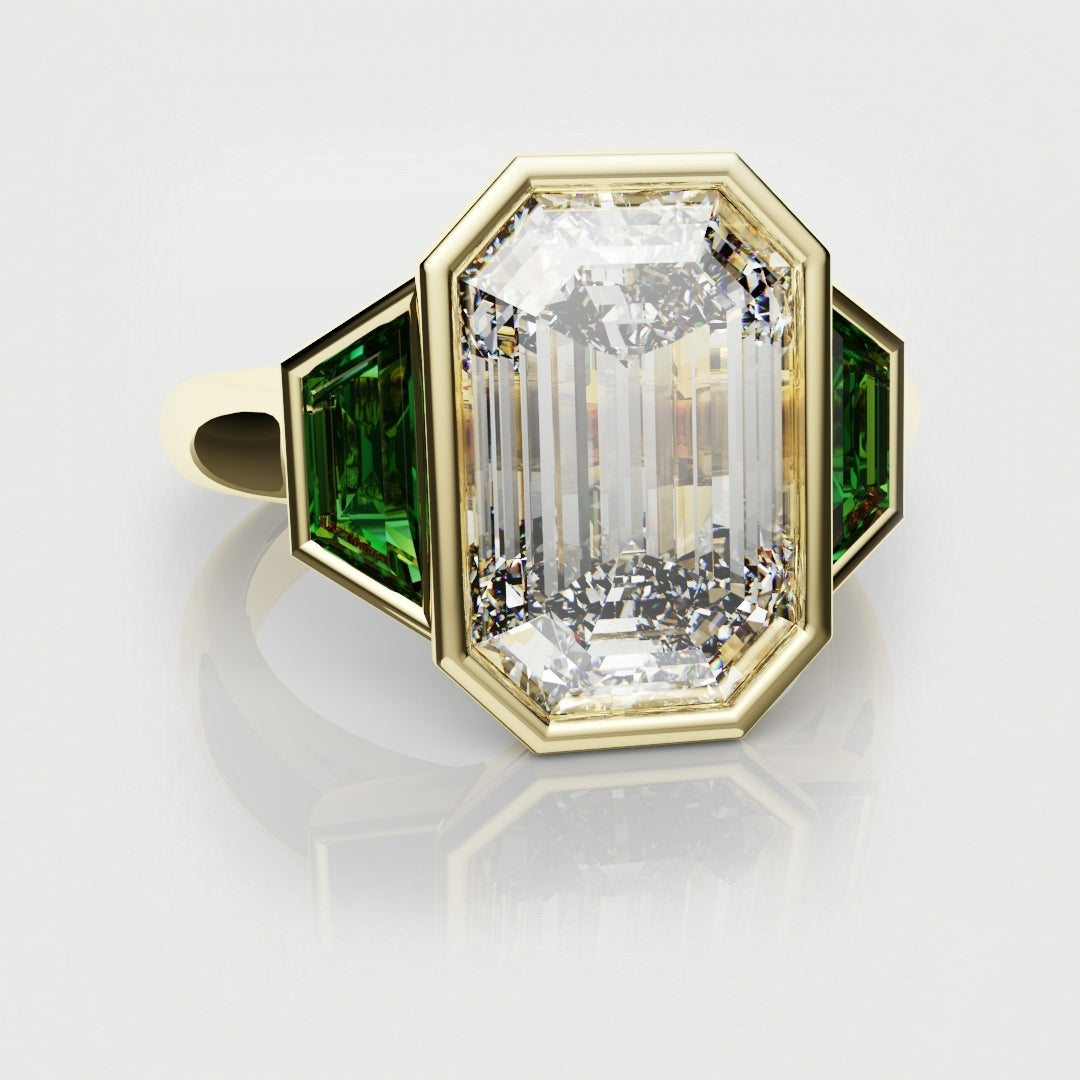 Emerald Cut Trilogy Engagement Ring With Green Emerald Trapezoids