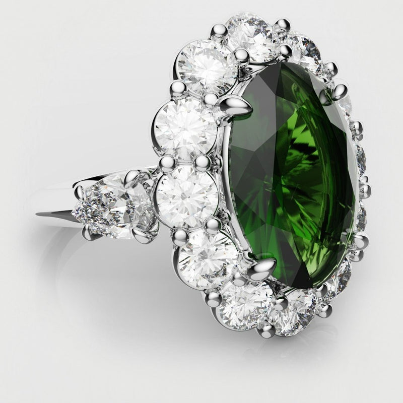 Oval Emerald Cluster Engagement Ring With Pear Shoulder Diamonds