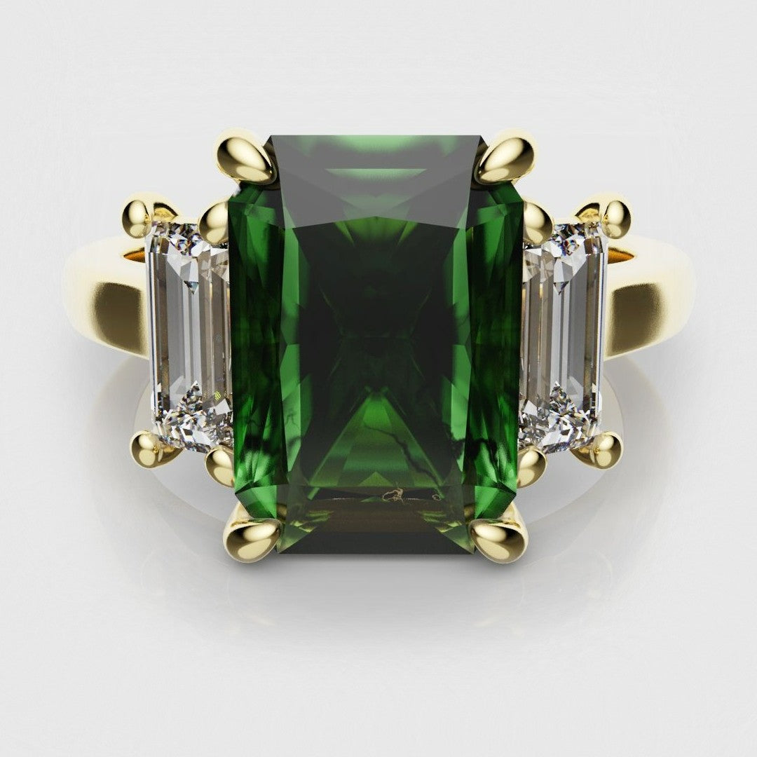 Green Emerald and Diamond Baguette Trilogy Engagement Ring