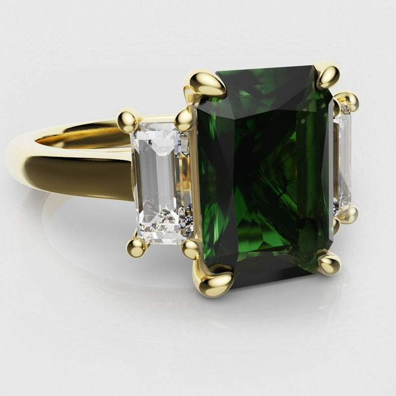 Green Emerald and Diamond Baguette Trilogy Engagement Ring