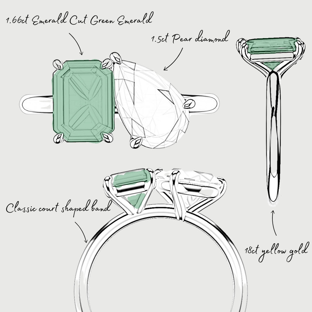 Emerald and Pear Diamond Two Stone Engagement Ring