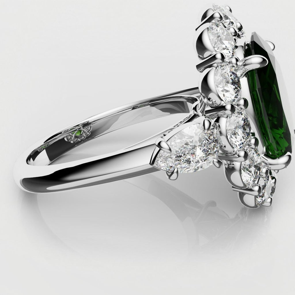 Oval Emerald Cluster Engagement Ring With Pear Shoulder Diamonds