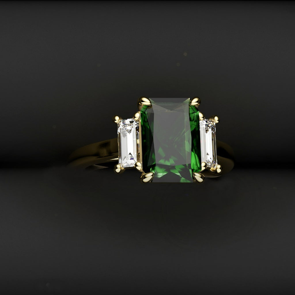 Green Emerald and Diamond Baguette Trilogy Engagement Ring