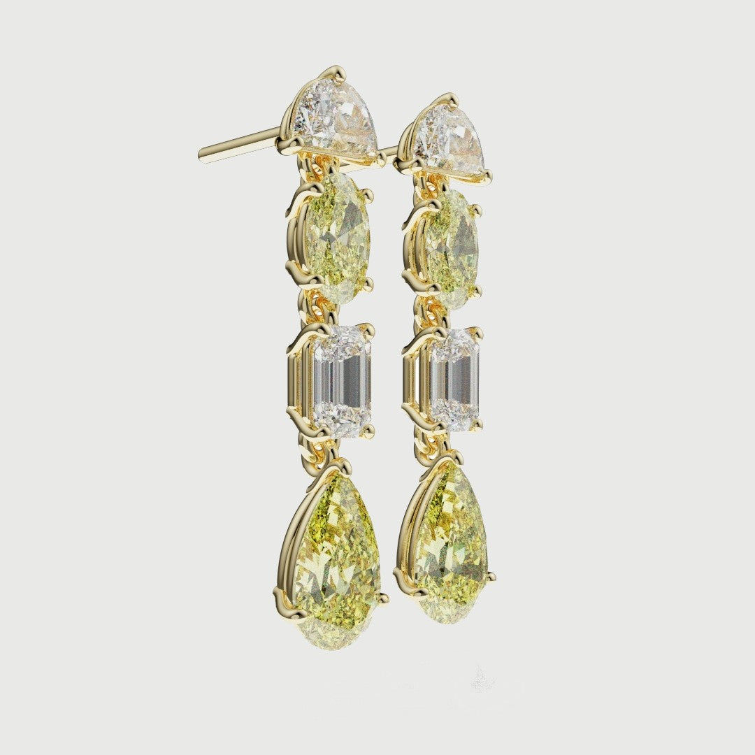 Luxury yellow diamond drop earrings with mixed diamond shapes designed by independent London jeweller Hyde Park Design.