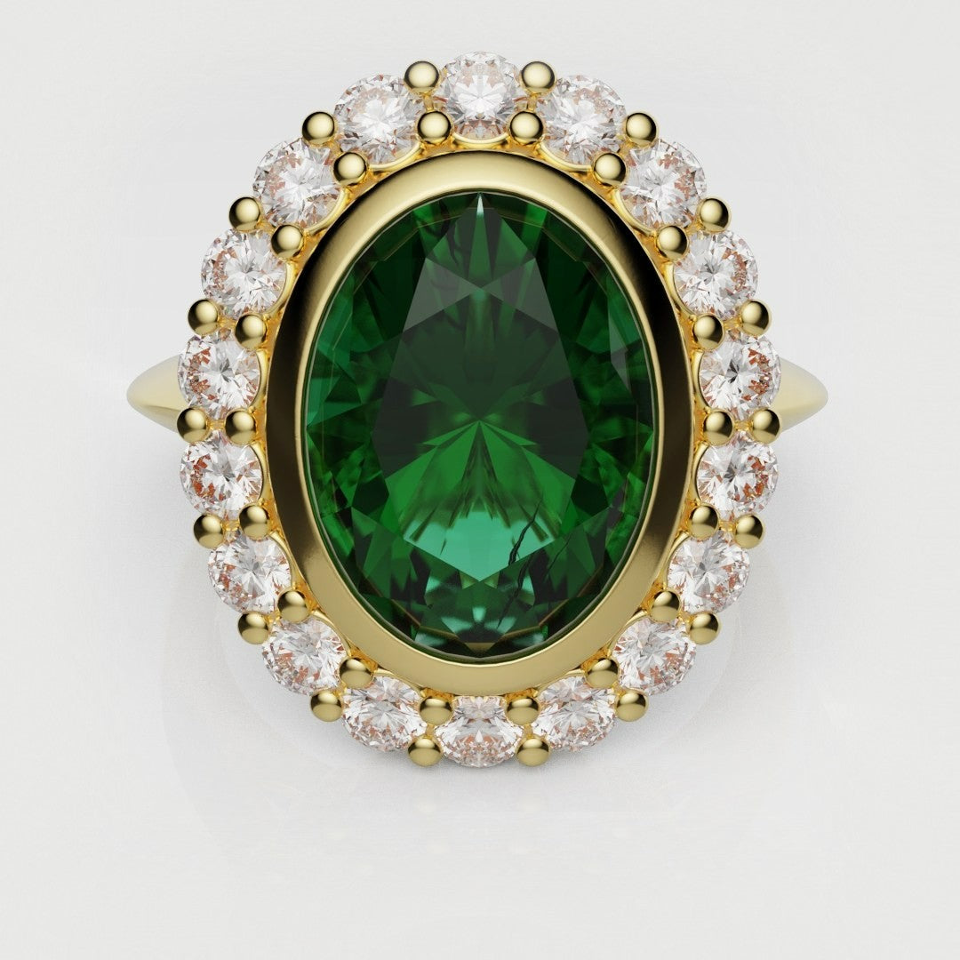 Oval Green Emerald Cluster Engagement Ring