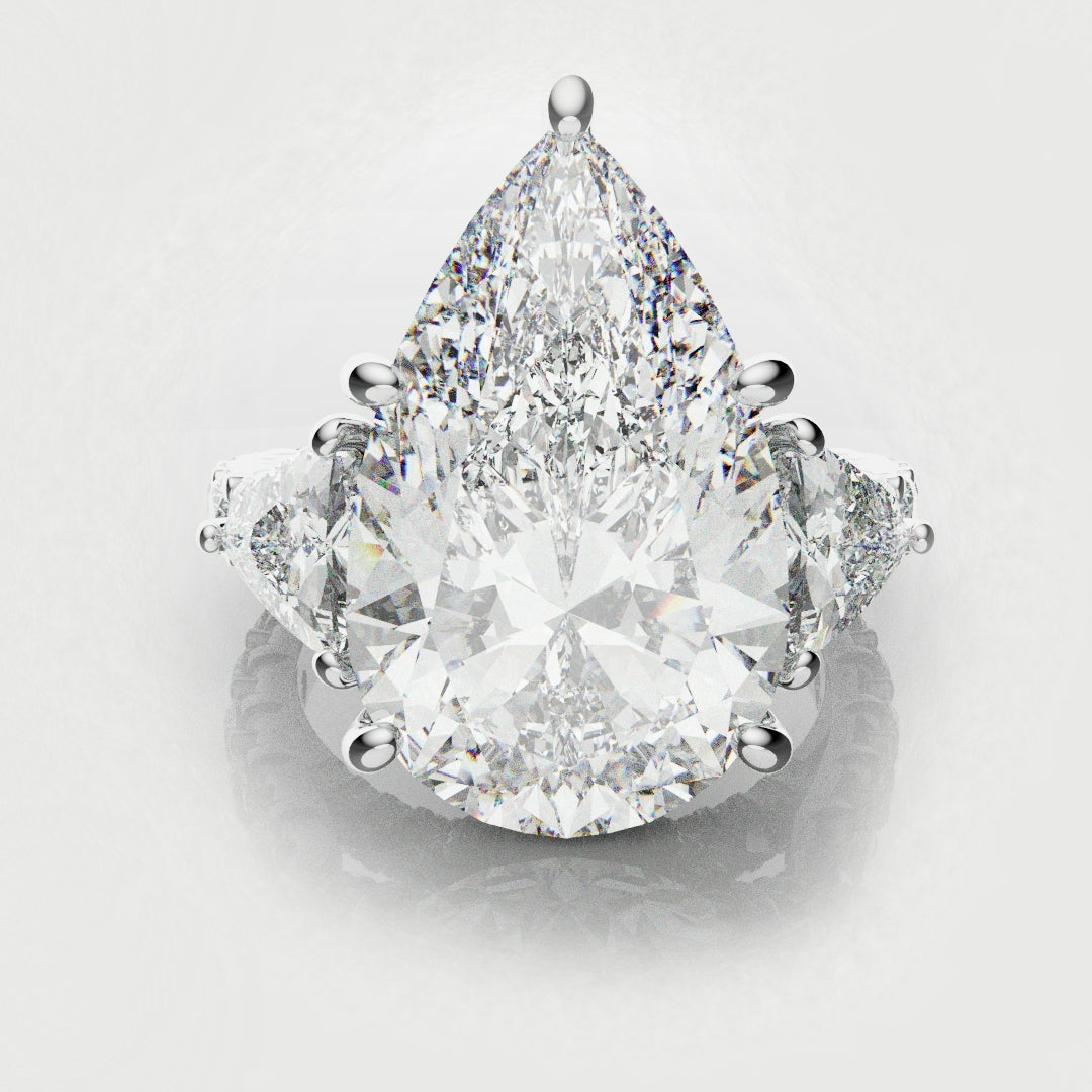Pear and Trilliant Diamond Trilogy Engagement Ring - With Hidden Halo