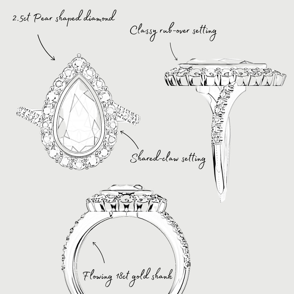 bespoke sketch of pear diamond halo engagement ring