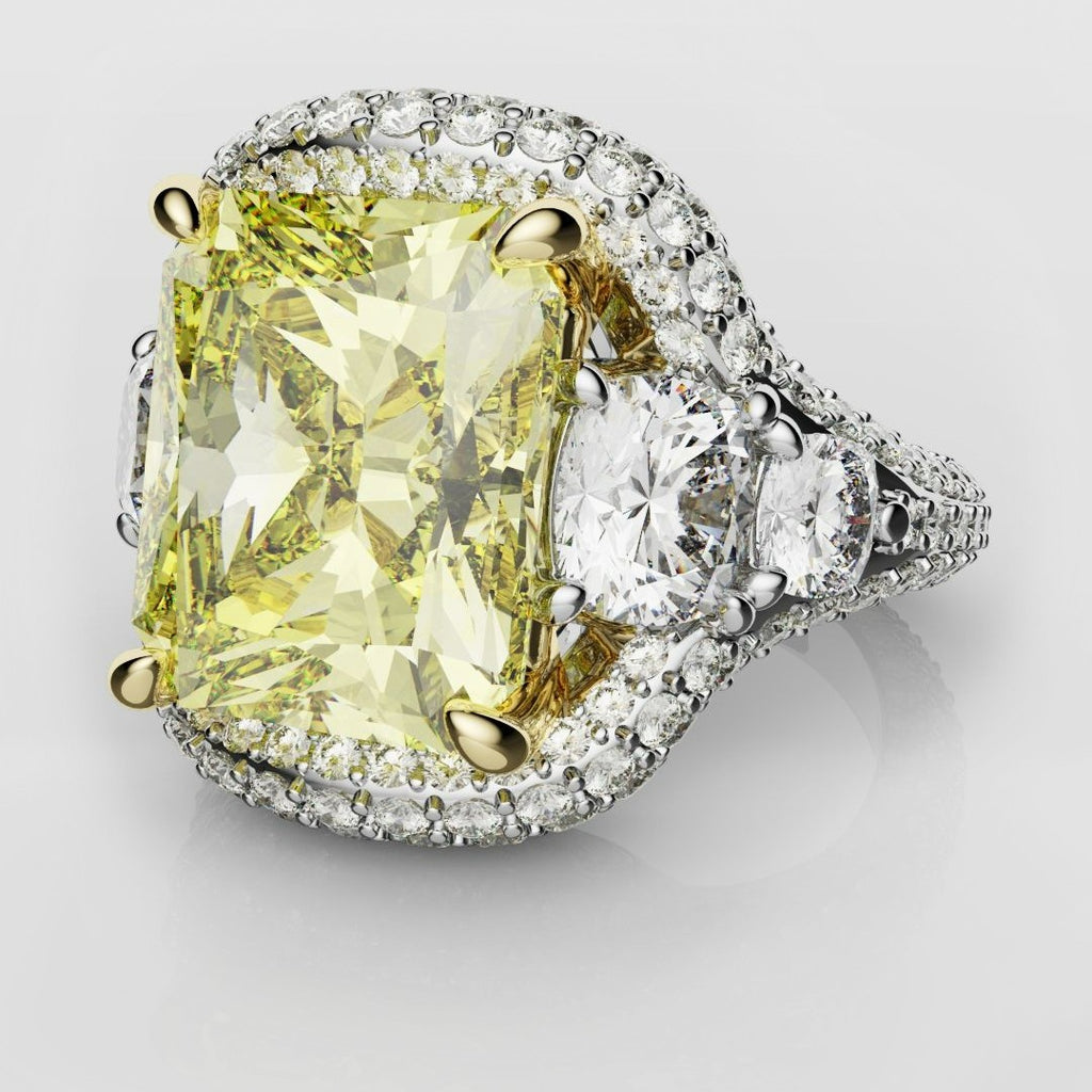 Fancy Yellow Radiant Cut Diamond with a Platinum Three Row Pavé Setting