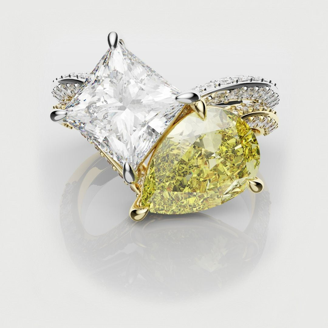 Toi Et Moi Princess Cut and Pear Yellow Diamond Engagement Ring