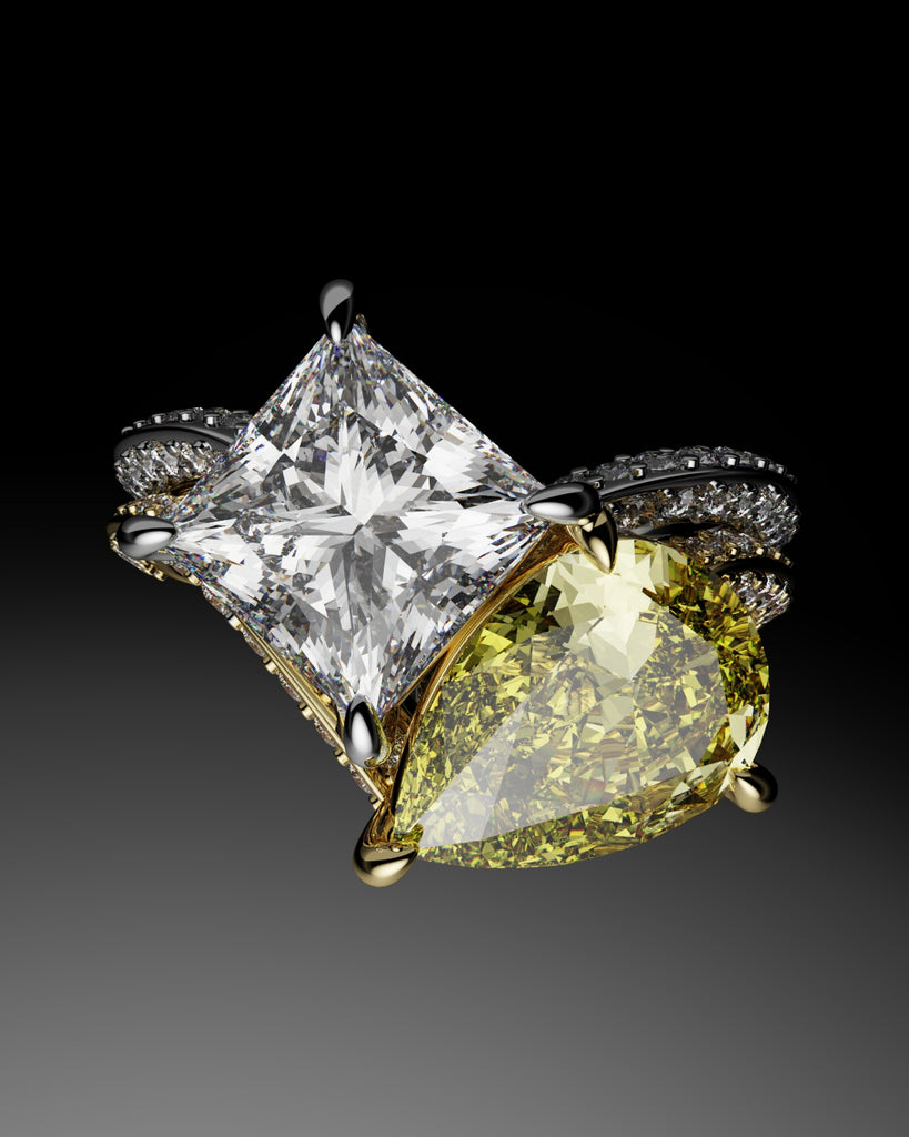 Toi Et Moi Princess Cut and Pear Yellow Diamond Engagement Ring