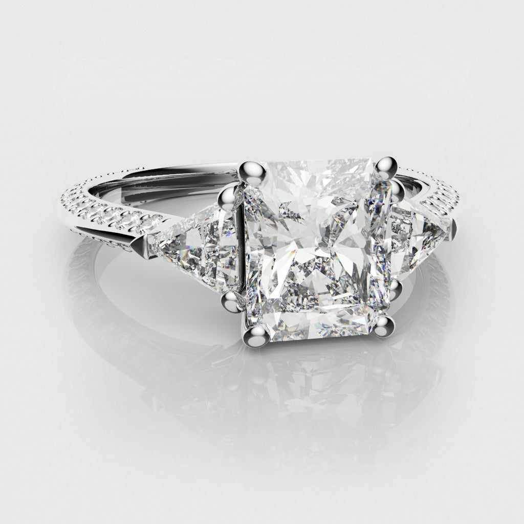 Radiant Cut and Trilliant Diamond Three Stone Engagement Ring