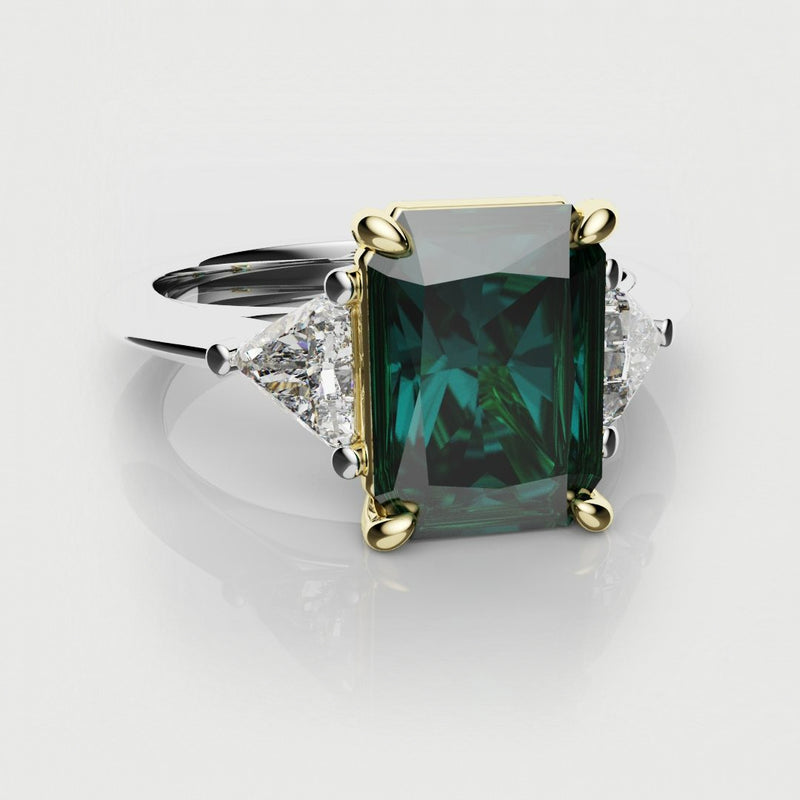 radiant cut teal sapphire trilogy engagement ring 