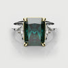 radiant cut teal sapphire trilogy engagement ring 