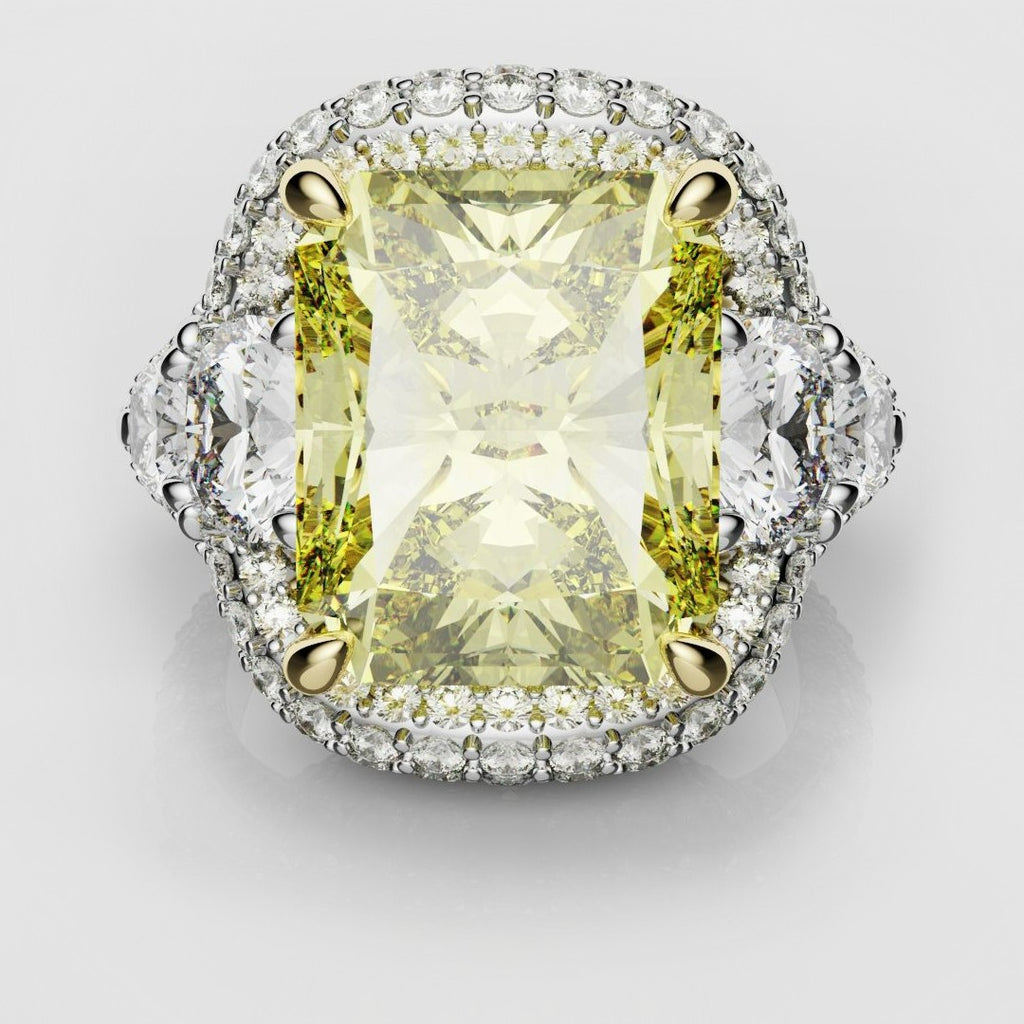 Fancy Yellow Radiant Cut Diamond with a Platinum Three Row Pavé Setting