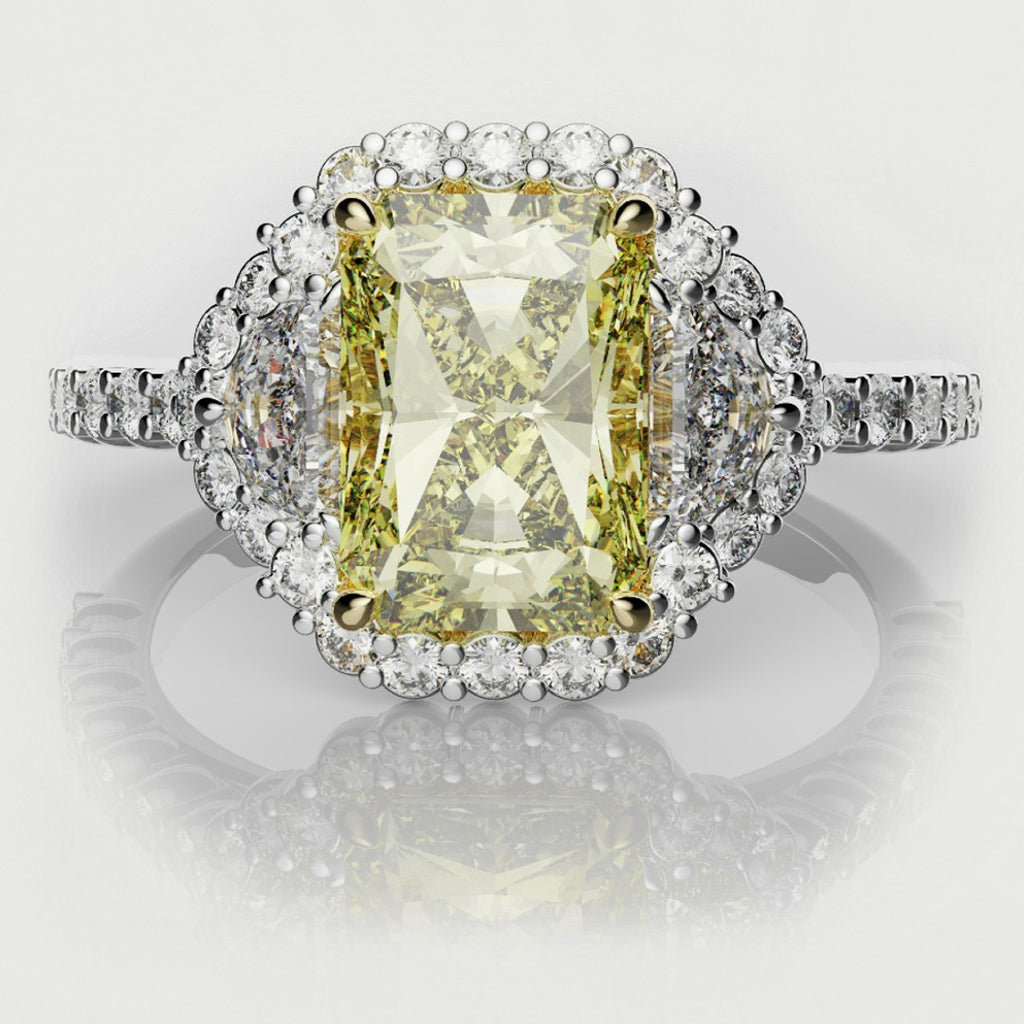 Radiant Cut Fancy Yellow Engagement Ring With Half Moon Shoulder Diamonds