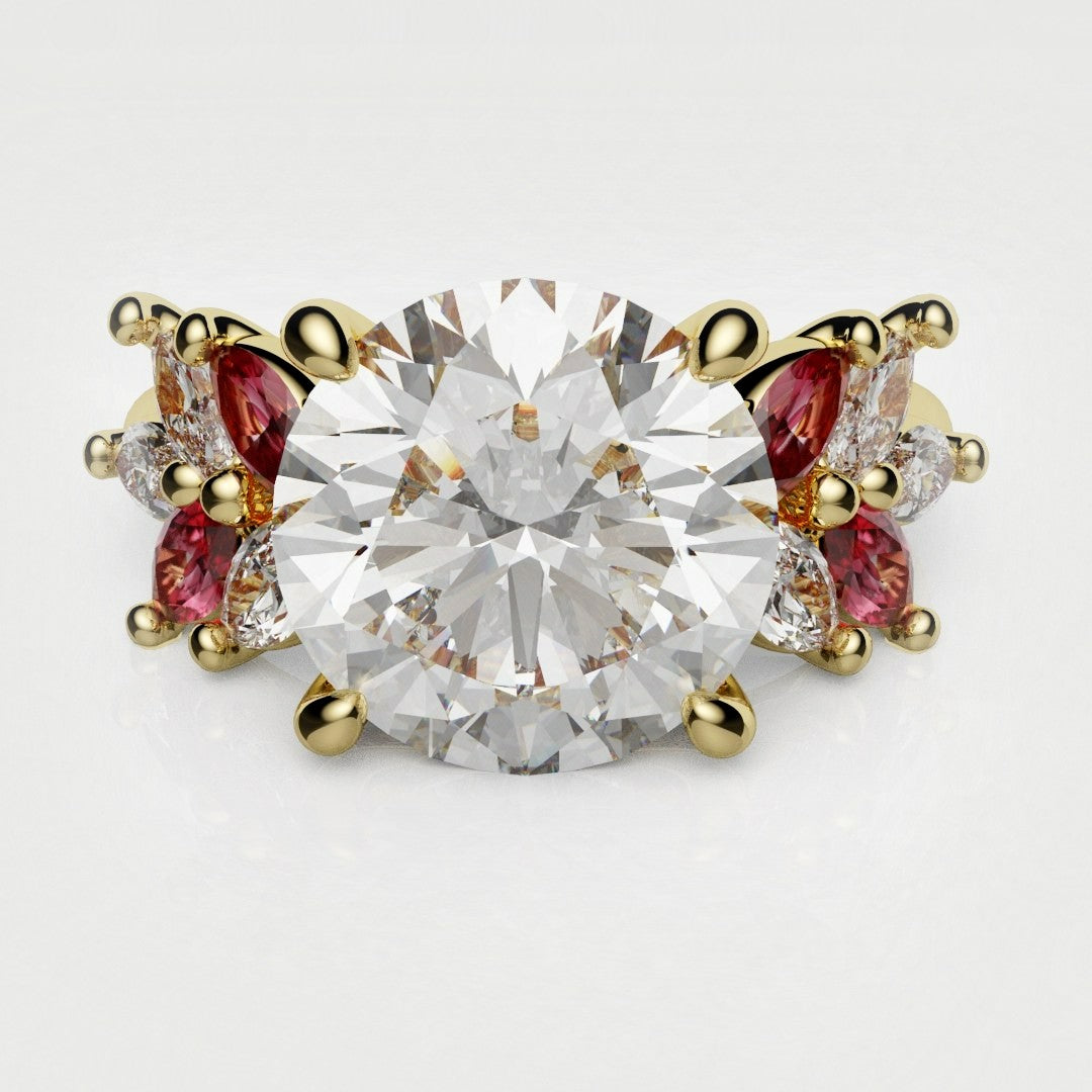 Round Brilliant Cut Diamond With Marquise Ruby Accent Stones
