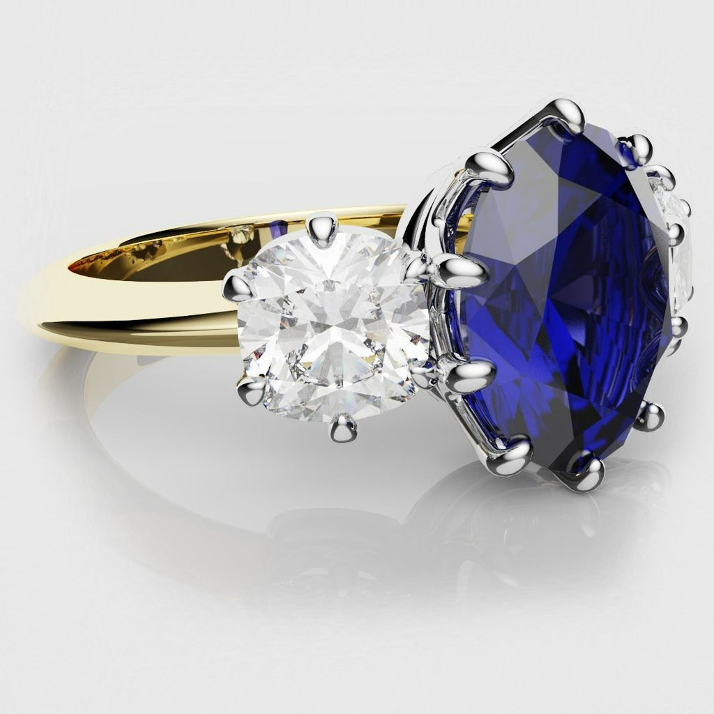 Ceylon Blue Sapphire and Cushion Cut Diamond Trilogy Engagement Ring