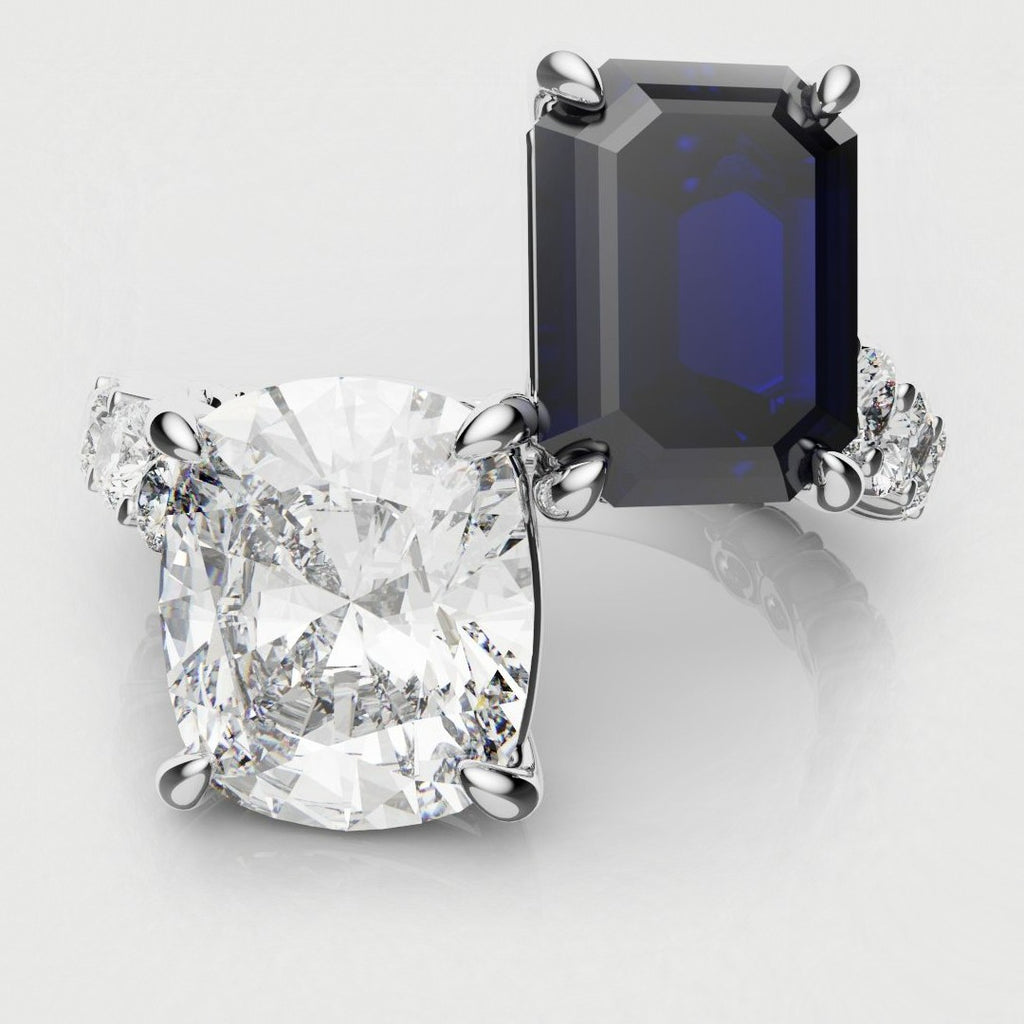 Emerald Cut Sapphire and Cushion Cut Diamond Toi Et Moi Engagement Ring