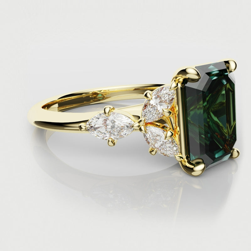 4ct Emerald Cut Teal Sapphire with Marquise Accent Diamonds