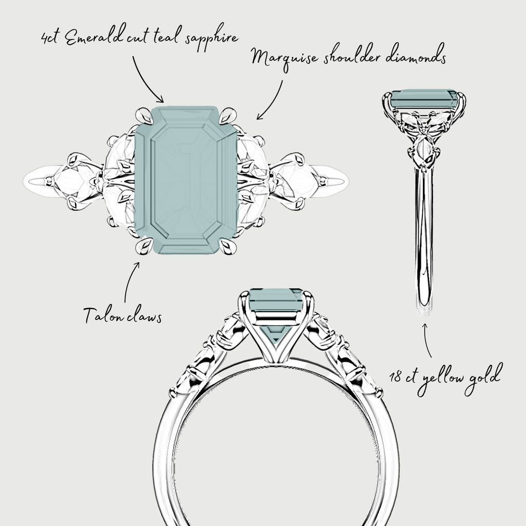 bespoke sketch 4ct radiant cut teal sapphire engagement ring in yellow gold with marquise accent diamonds