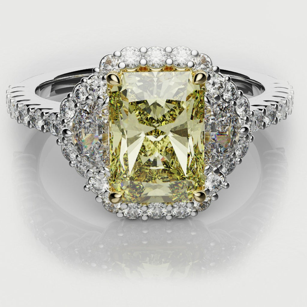 Radiant Cut Fancy Yellow Engagement Ring With Half Moon Shoulder Diamonds