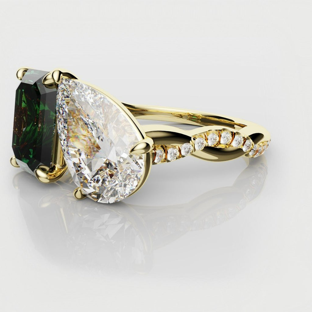 Green Emerald and Pear Diamond Toi Et Moi Engagement Ring