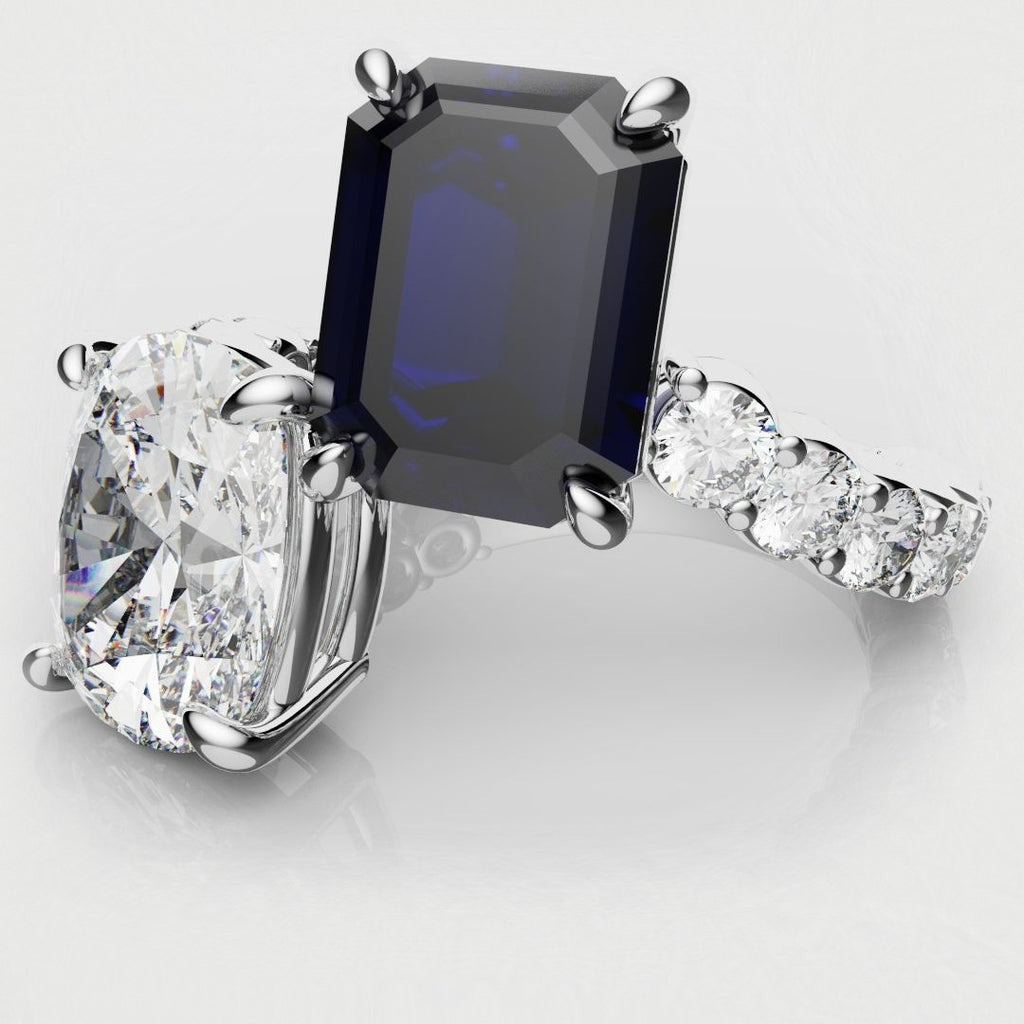 blue sapphire and cushion cut diamond two stone engagement ring 