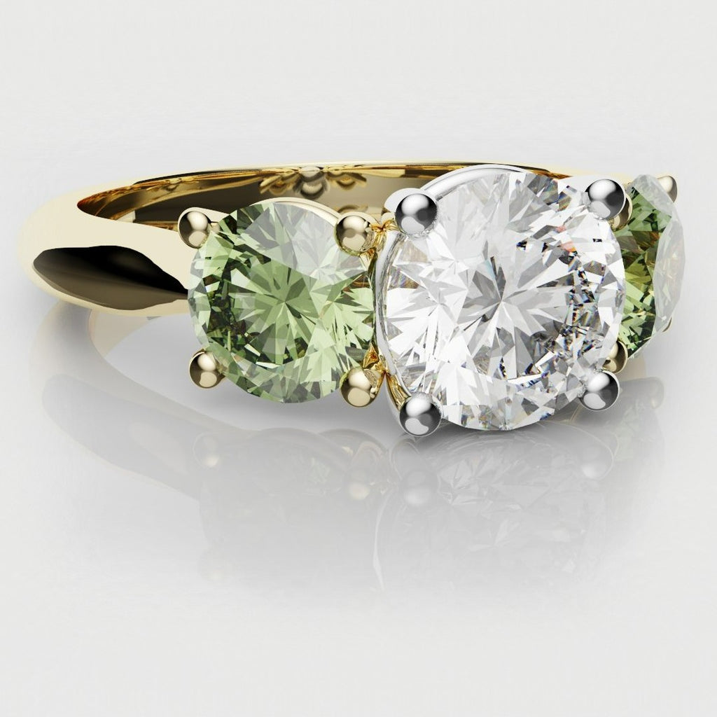 Three Stone Engagement Ring With Green Shoulder Diamonds