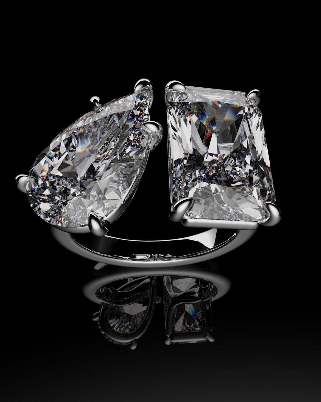 pear and radiant cut toi et moi engagement ring