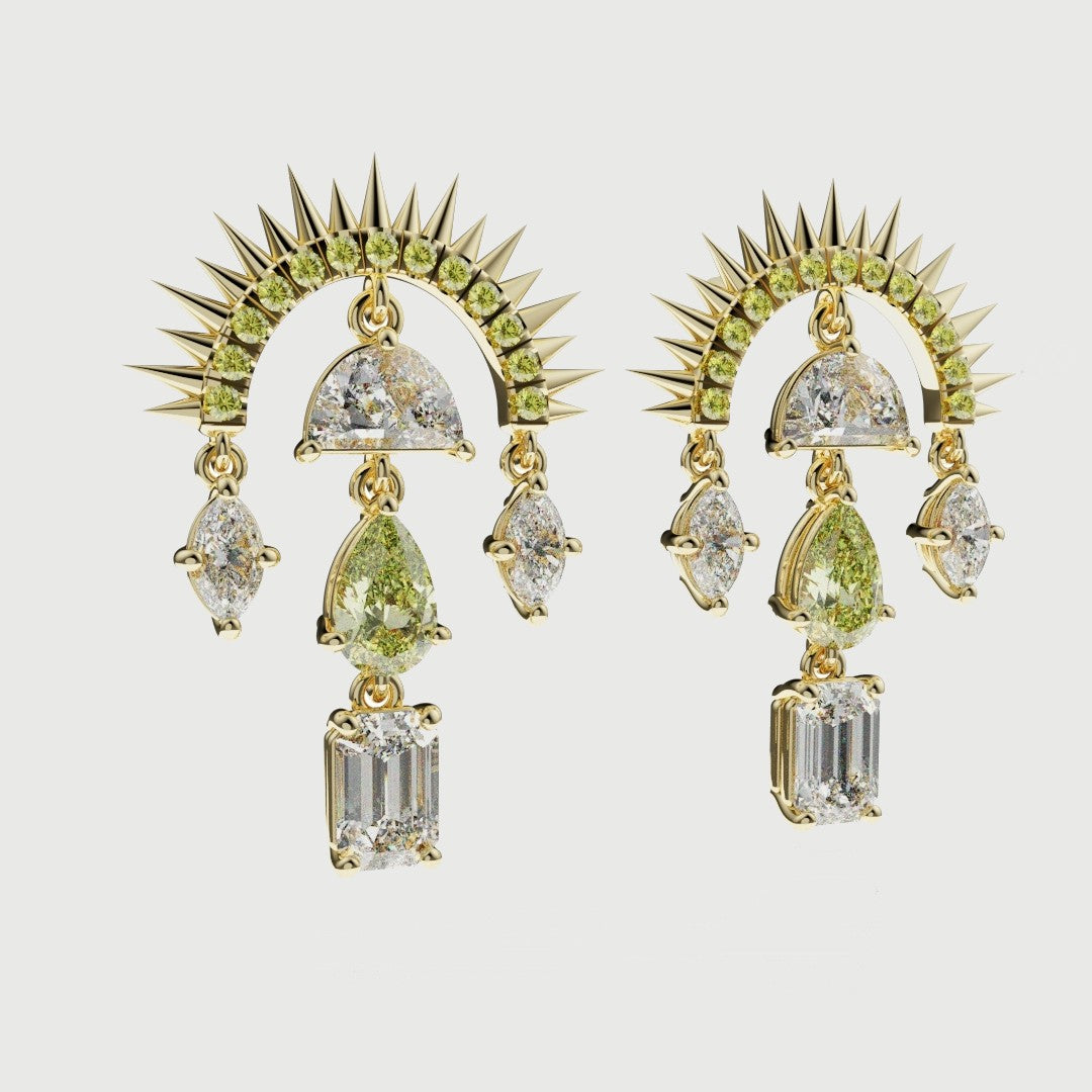Luxury yellow diamond sunburst drop earrings with spiked gold halo and mixed diamond cuts.