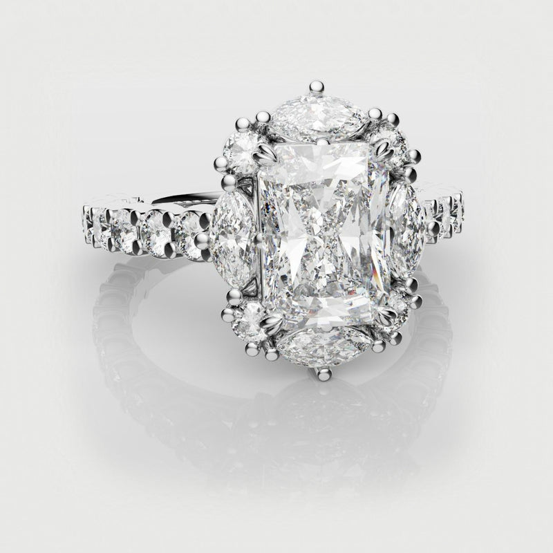 Unique Radiant Cut Diamond Engagement Ring with Marquise Halo