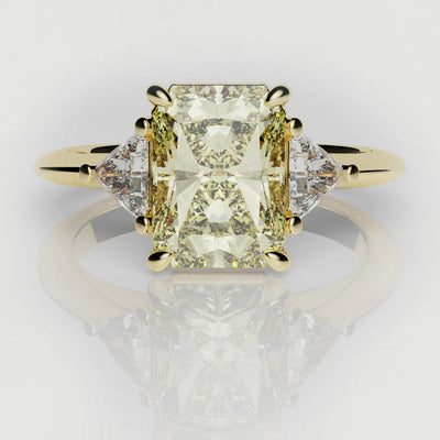 radiant cut yellow diamond three stone engagement ring