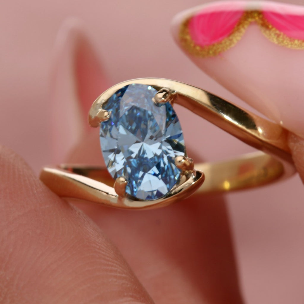 Oval Blue Diamond Wrap Around Ring - Yellow Gold