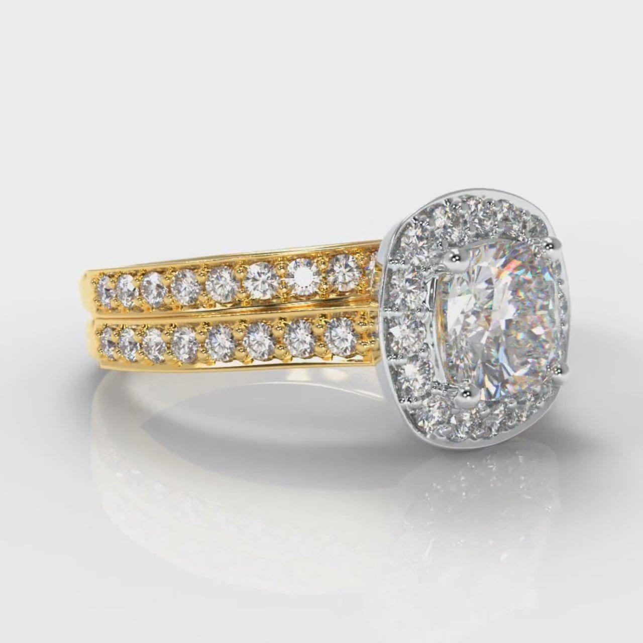 Pavé Cushion Cut Diamond Halo Bridal Set - Two Tone Yellow Gold