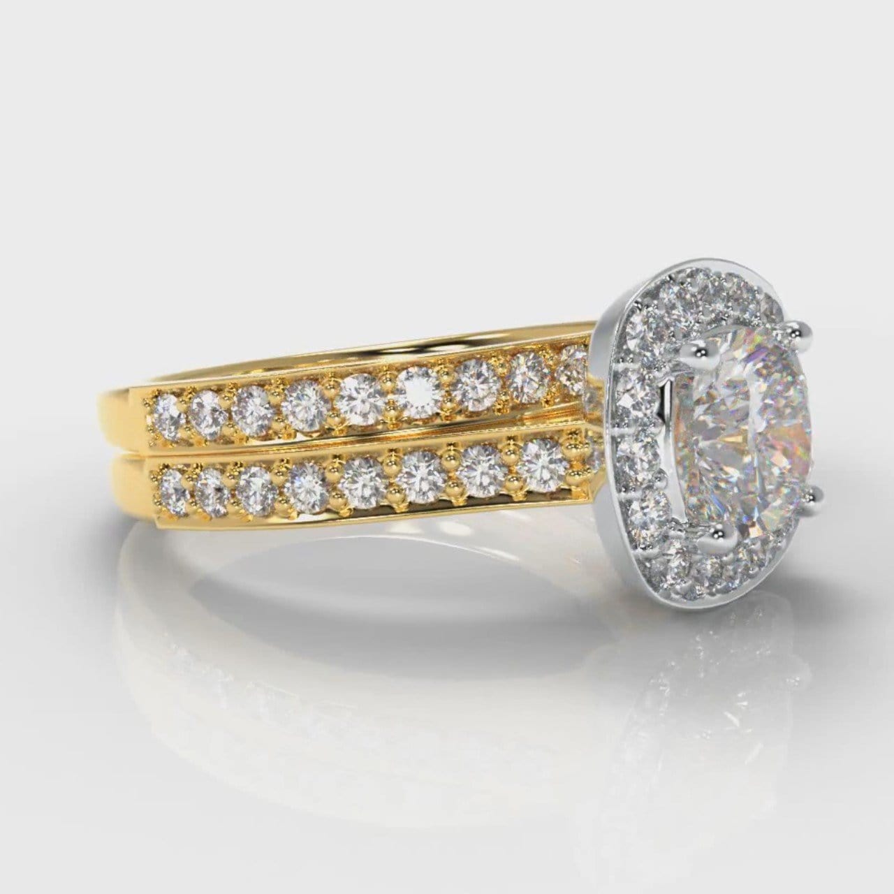 Pavé Cushion Cut Diamond Halo Bridal Set - Two Tone Yellow Gold