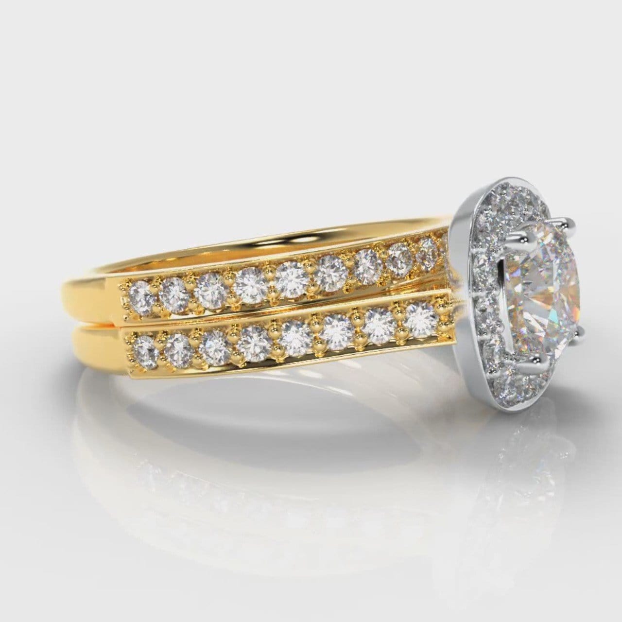 Pavé Cushion Cut Diamond Halo Bridal Set - Two Tone Yellow Gold