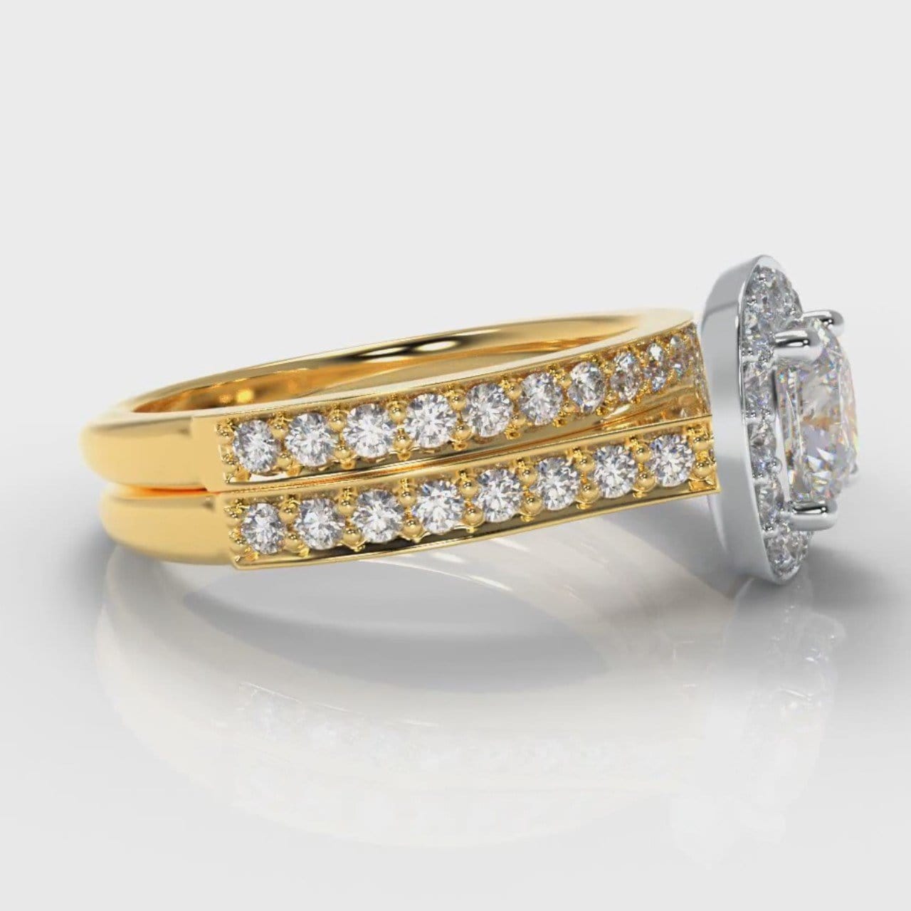 Pavé Cushion Cut Diamond Halo Bridal Set - Two Tone Yellow Gold