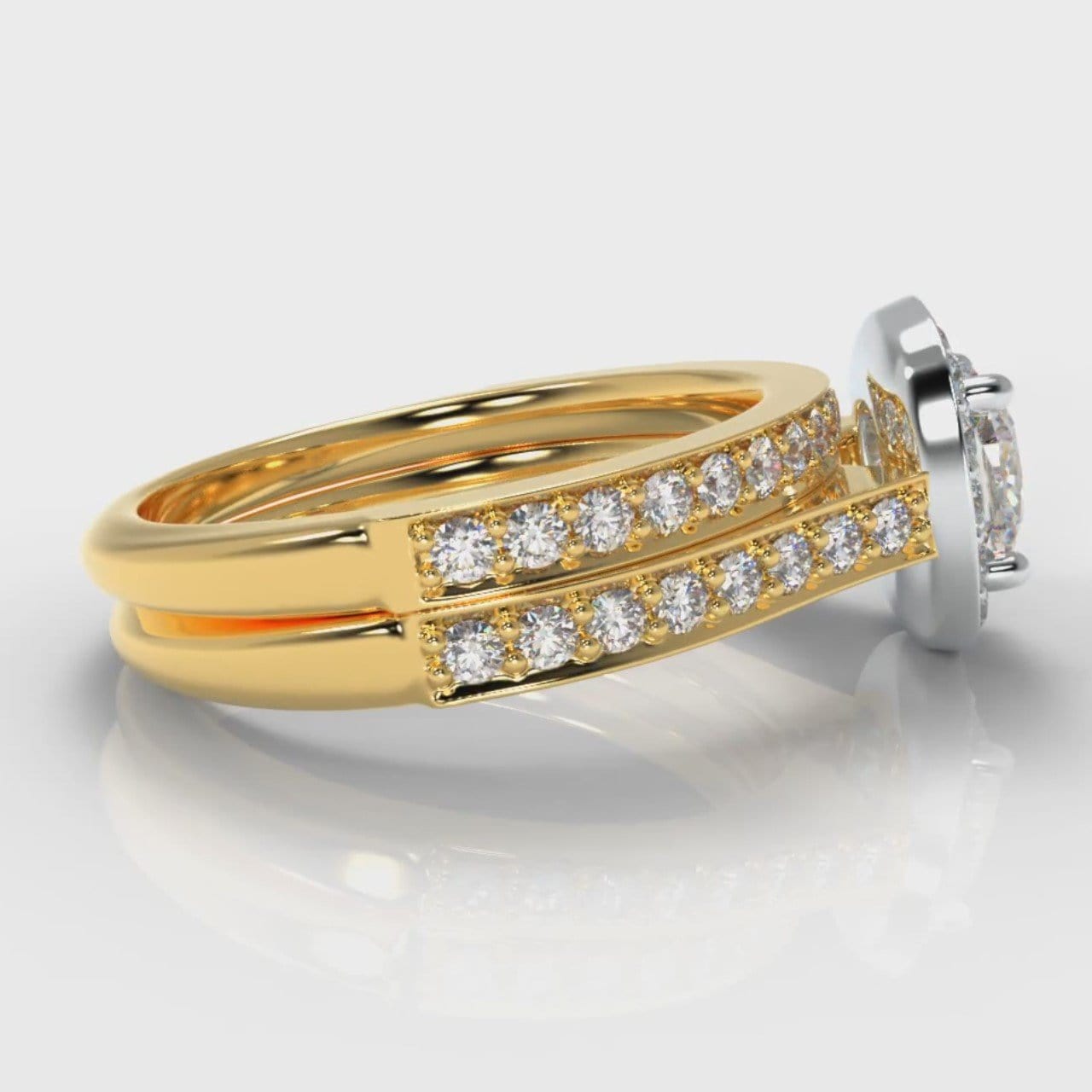 Pavé Cushion Cut Diamond Halo Bridal Set - Two Tone Yellow Gold