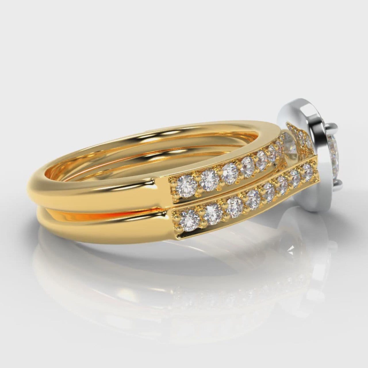 Pavé Cushion Cut Diamond Halo Bridal Set - Two Tone Yellow Gold