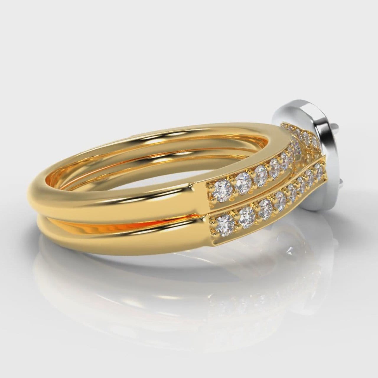 Pavé Cushion Cut Diamond Halo Bridal Set - Two Tone Yellow Gold