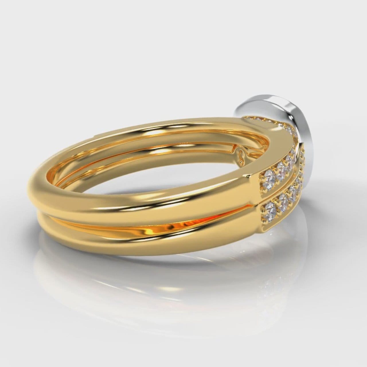 Pavé Cushion Cut Diamond Halo Bridal Set - Two Tone Yellow Gold