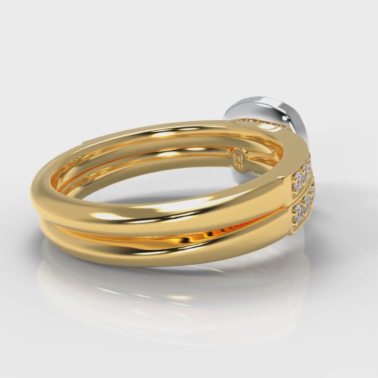 Pavé Cushion Cut Diamond Halo Bridal Set - Two Tone Yellow Gold