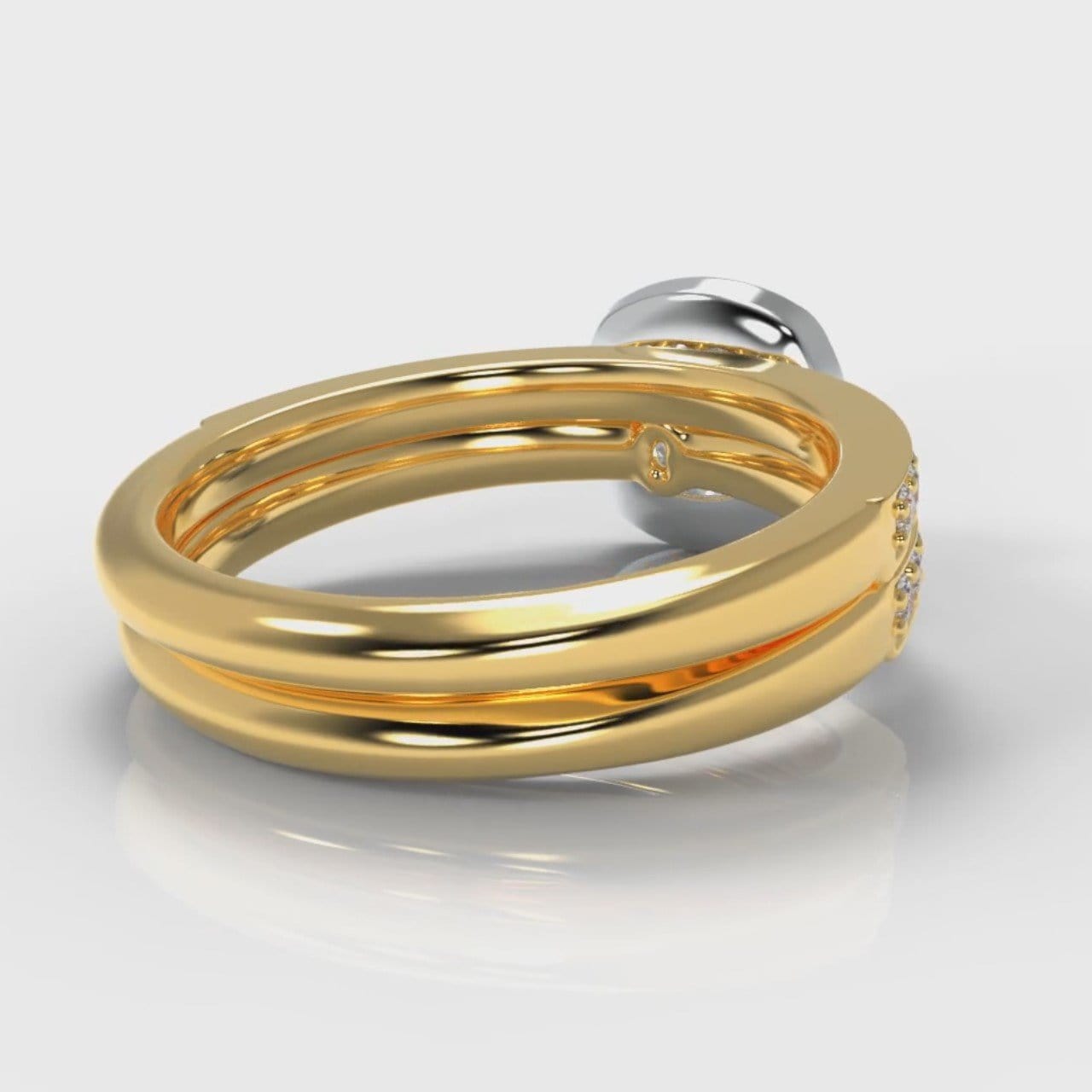 Pavé Cushion Cut Diamond Halo Bridal Set - Two Tone Yellow Gold