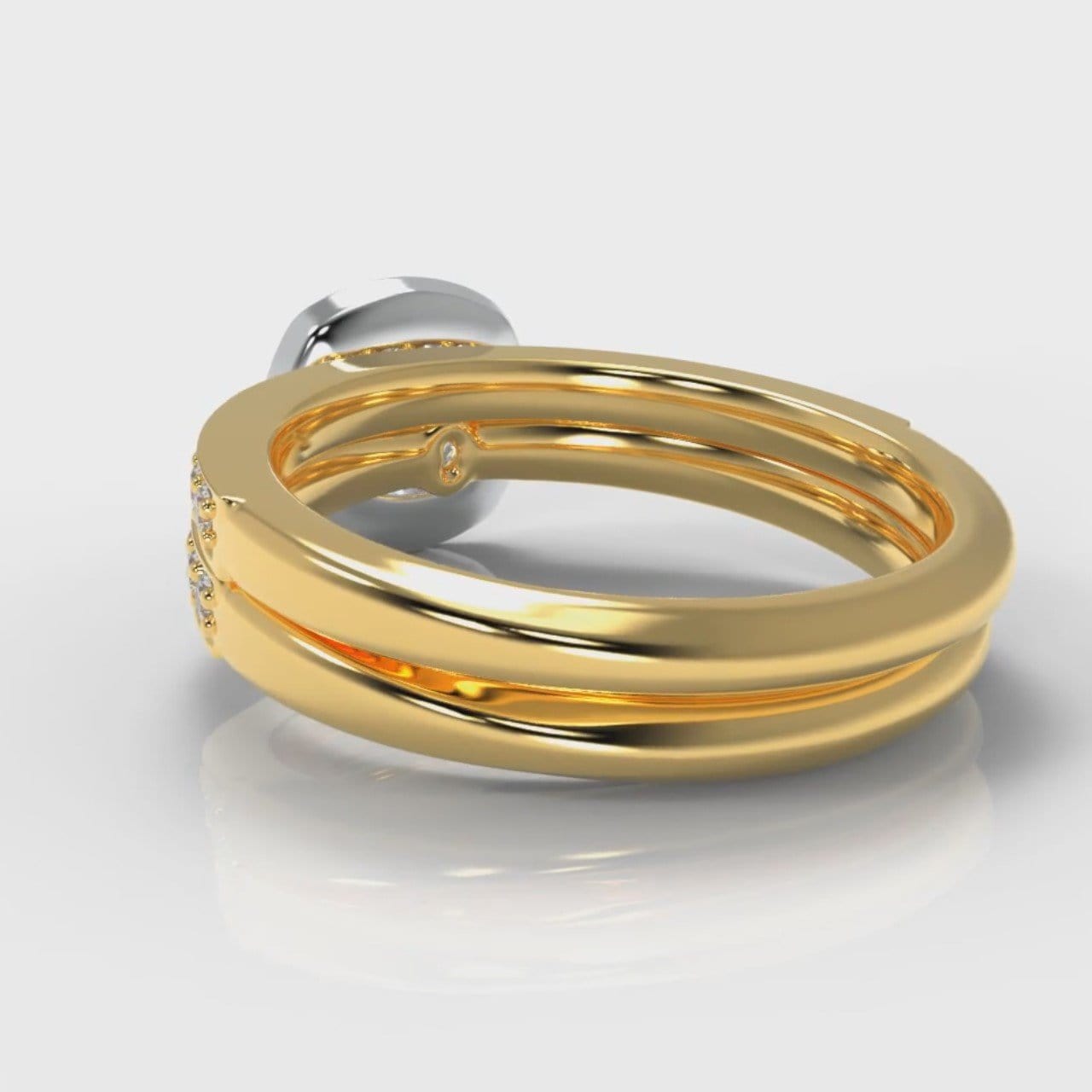 Pavé Cushion Cut Diamond Halo Bridal Set - Two Tone Yellow Gold
