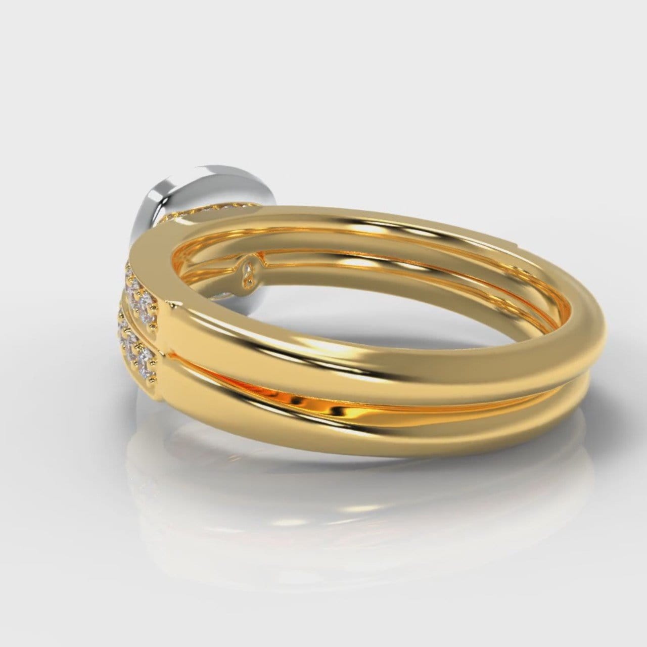 Pavé Cushion Cut Diamond Halo Bridal Set - Two Tone Yellow Gold