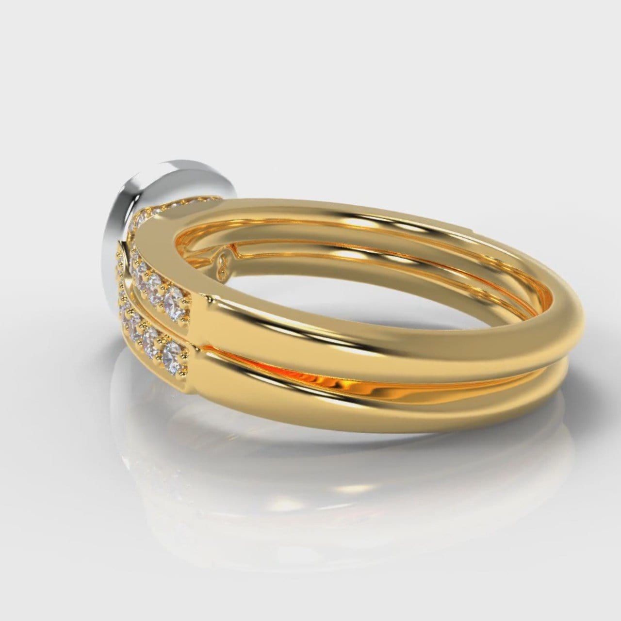Pavé Cushion Cut Diamond Halo Bridal Set - Two Tone Yellow Gold